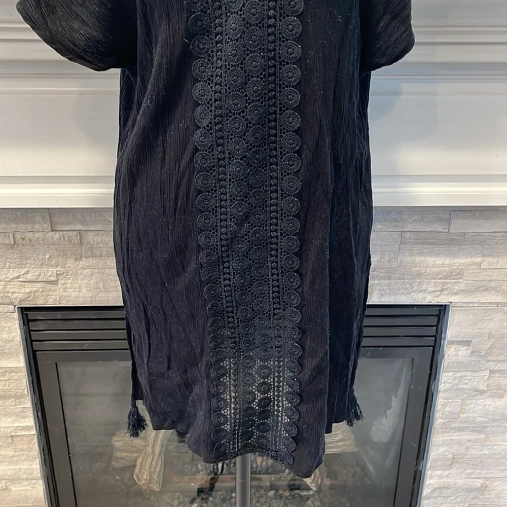 Kona Sol Boho Swimsuit Cover Up Black w/ Crochet Lace, Tassels Medium - Picture 6 of 8
